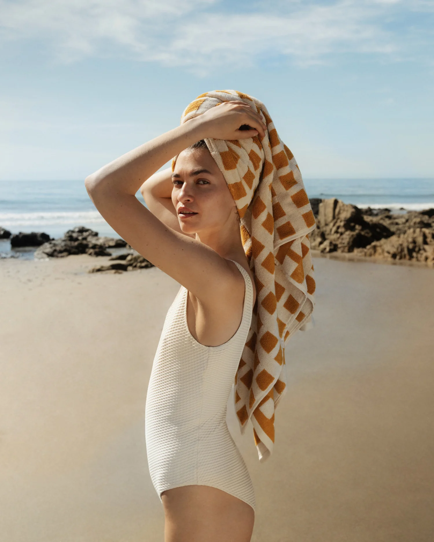 Capri Check Beach Towel (Marigold with Natural) - Image 2