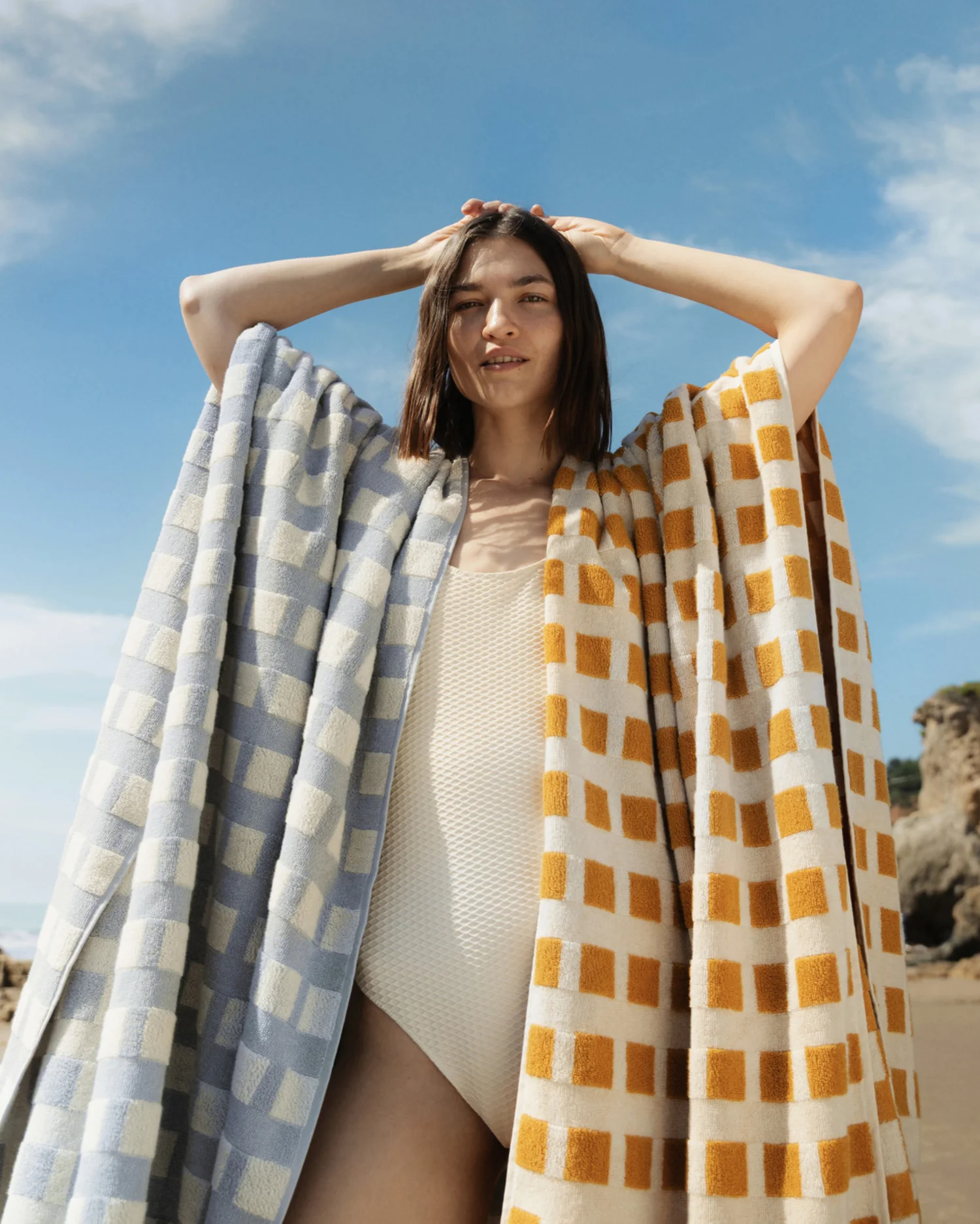 4x Capri Check Towel Bundle - Sky with Natural - Image 2